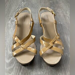 Miu Miu Tan Patent Leather Straps Wooden Wedge Heels EU Size 41 US 10.5